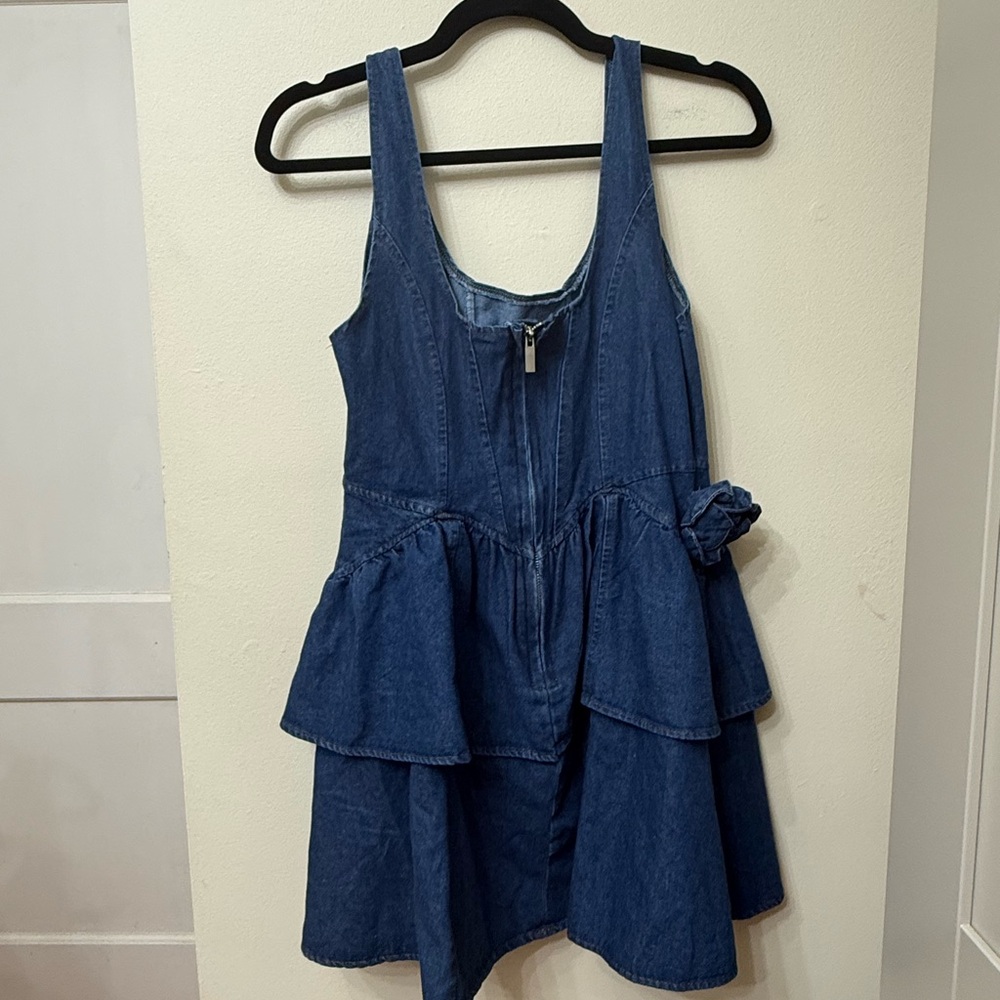 Denim Ruffle Mini Dress - Blue - Picture 3 of 7